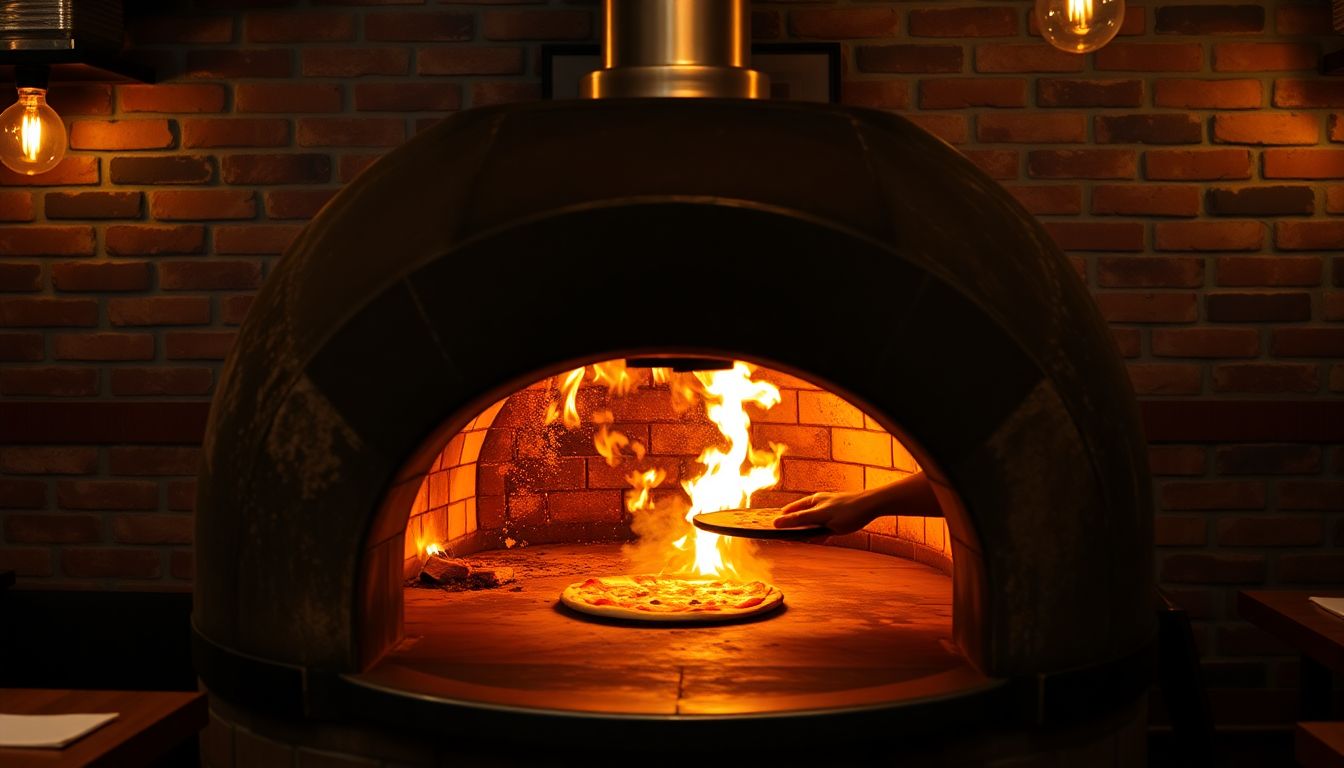 Wood-fired pizza oven with flames