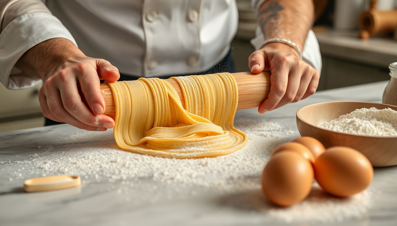 Fresh pasta being made by hand